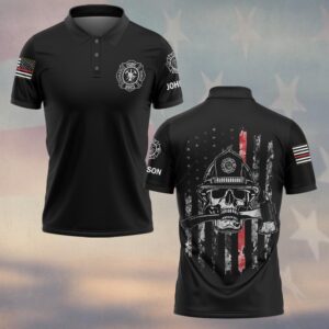 Custom Name Skull & Axe Thin Red Line Firefighter #DQH0209 - Polo