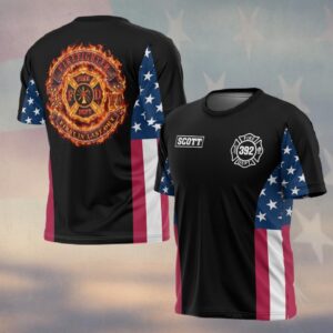 Custom Name & Number Firefighter Blaze Crest – American Flag Edition #DQH0290 - Shipping Fee - AOP T-shirt