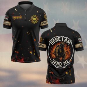 Custom Name & Number & Fire Department Here I Am, Send Me Isaiah 6:8 #DQH0372 - Polo
