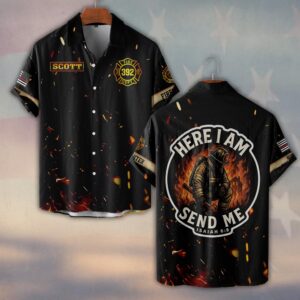 Custom Name & Number & Fire Department Here I Am, Send Me Isaiah 6:8 #DQH0372 - Short Sleeve Button Shirt