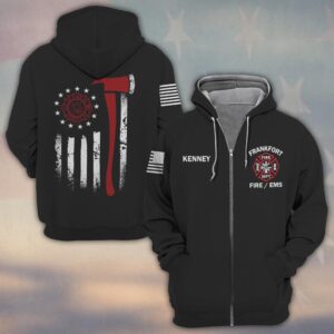 Custom Name & Department & City Red Line Axe Patriot Firefighter #DQH0398 - Zip Hoodie