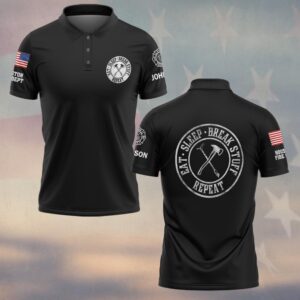 Custom Name & Text Eat Sleep Break Stuff Repeat Firefighter #DQH0415 - Polo