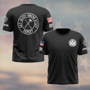 Custom Name & Text Eat Sleep Break Stuff Repeat Firefighter #DQH0415 - T-shirt