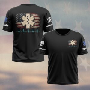 Custom Name & Department Patriotic Pulse: Heartbeat of Heroes EMS First Responders #DQH0693 - T-shirt