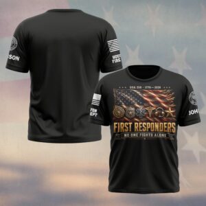 Custom Name & Department First Responders USA 250 No One Fights Alone American Flag #DQH0745 - T-shirt