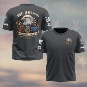 Custom Name & Department First Responders 9/11 25 Years Anniversary Home Of The Brave #DQH0789 - T-shirt