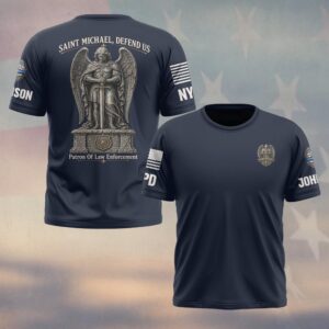 Custom Name & Station Saint Michael Defend Us Stone Statue Patron Of Law Enforcement #DQH0879 - T-shirt