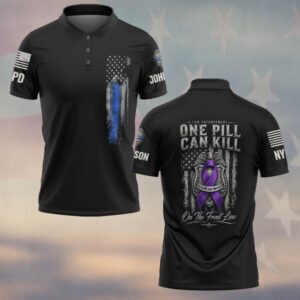 Custom Name & Station One Pill Can Kill On The Front Line Purple Ribbon Police Badge Law Enforcement #DQH0887 - Polo