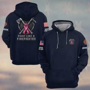Custom Name & Department Fight Like A Firefighter Crossed Axe Pink Ribbon Breast Cancer Awareness #DQH0894 - Hoodie