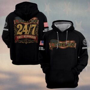 Custom Name & Department 24/7 Seven Lines One Pledge The Shift Never Ends Vintage Gold Emblem First Responders #DQH0896 - Hoodie
