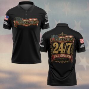 Custom Name & Department 24/7 Seven Lines One Pledge The Shift Never Ends Vintage Gold Emblem First Responders #DQH0896 - Polo