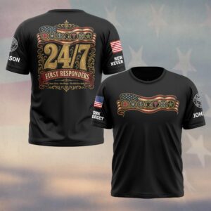 Custom Name & Department 24/7 Seven Lines One Pledge The Shift Never Ends Vintage Gold Emblem First Responders #DQH0896 - T-shirt