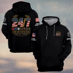 Custom Name & Department 24/7 The Shift Never Ends Seven Lines One Mission American Flag Numerals First Responders #DQH0899 - Hoodie