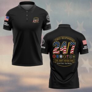Custom Name & Department 24/7 The Shift Never Ends Seven Lines One Mission American Flag Numerals First Responders #DQH0899 - Polo