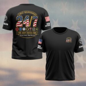 Custom Name & Department 24/7 The Shift Never Ends Seven Lines One Mission American Flag Numerals First Responders #DQH0899 - T-shirt