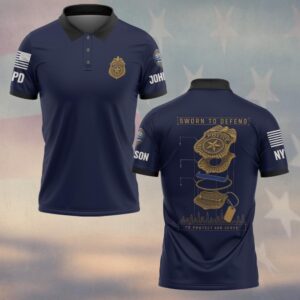 Custom Name & Station Sworn To Defend To Protect And Serve Exploded Badge Blueprint Skyline Law Enforcement #DQH0901 - Polo
