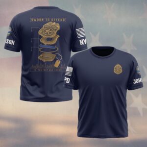 Custom Name & Station Sworn To Defend To Protect And Serve Exploded Badge Blueprint Skyline Law Enforcement #DQH0901 - T-shirt