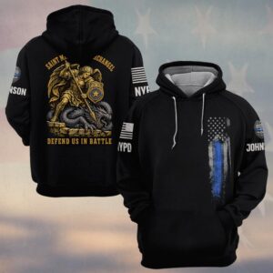 Custom Name & Station Saint Michael The Archangel Defend Us In Battle Spear & Dragon Gold Etching Law Enforcement #DQH0902 - Hoodie
