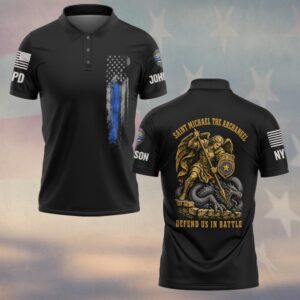 Custom Name & Station Saint Michael The Archangel Defend Us In Battle Spear & Dragon Gold Etching Law Enforcement #DQH0902 - Polo