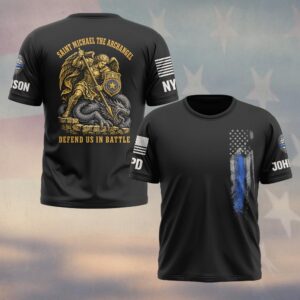 Custom Name & Station Saint Michael The Archangel Defend Us In Battle Spear & Dragon Gold Etching Law Enforcement #DQH0902 - T-shirt