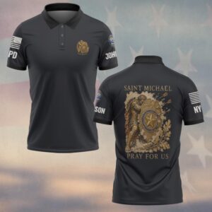 Custom Name & Station Saint Michael Pray For Us Gilded Fresco Badge Shield & Oak Branch Law Enforcement #DQH0903  - Polo