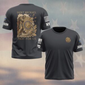 Custom Name & Station Saint Michael Pray For Us Gilded Fresco Badge Shield & Oak Branch Law Enforcement #DQH0903  - T-shirt