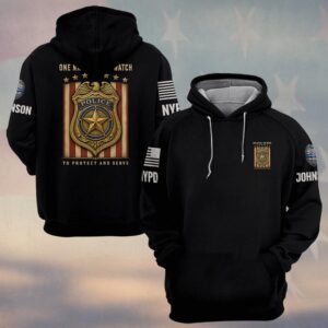 Custom Name & Station One Nation One Watch To Protect And Serve Gold Badge On Flag Stripes Law Enforcement #DQH0905 - Hoodie