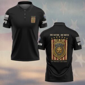 Custom Name & Station One Nation One Watch To Protect And Serve Gold Badge On Flag Stripes Law Enforcement #DQH0905 - Polo