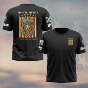 Custom Name & Station One Nation One Watch To Protect And Serve Gold Badge On Flag Stripes Law Enforcement #DQH0905 - T-shirt