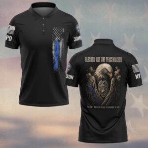 Custom Name & Station Blessed Are The Peacemakers Eagle Wings Enfold The Badge Thin Blue Line Law Enforcement #DQH0906 - Polo