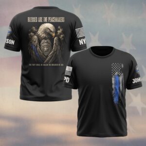 Custom Name & Station Blessed Are The Peacemakers Eagle Wings Enfold The Badge Thin Blue Line Law Enforcement #DQH0906 - T-shirt