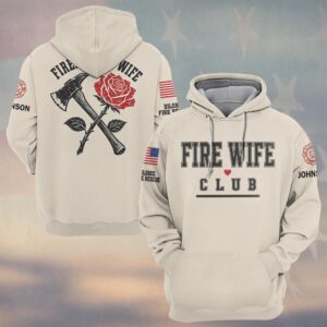 Custom Name & Department Firefighter Wife Crossed Fire Axe And Rose Woodcut With Varsity Club Chest Print Fire Wife #DQH0915 - Hoodie