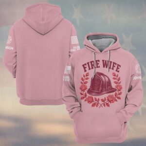 Custom Name & Department Fire Helmet Ringed By A Full Rose Wreath Monochrome Rose Print Fire Wife #DQH0916 - Hoodie
