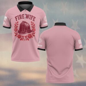 Custom Name & Department Fire Helmet Ringed By A Full Rose Wreath Monochrome Rose Print Fire Wife #DQH0916 - Polo