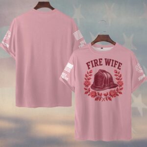 Custom Name & Department Fire Helmet Ringed By A Full Rose Wreath Monochrome Rose Print Fire Wife #DQH0916 - T-shirt