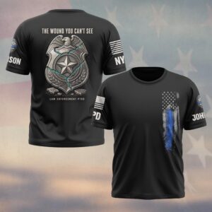 Custom Name & Station The Wound You Can't See Cracked Silver Badge Law Enforcement PTSD #DQH0919 - T-shirt