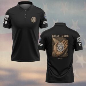 Custom Name & Station Here Am I Send Me Isaiah 6:8 Holding Police Badge In Light Law Enforcement #DQH0921 - Polo