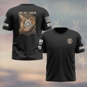 Custom Name & Station Here Am I Send Me Isaiah 6:8 Holding Police Badge In Light Law Enforcement #DQH0921 - T-shirt
