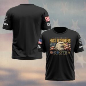 Custom Name & Department America's Bravest First To The Call Bald Eagle American Flag Seven Service Badges First Responders #DQH0922 - T-shirt