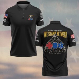 Custom Name & Department He Comes For Everybody We Stand Between Hooded Reaper Held Back By Fire Police EMS Shields First Responders #DQH0924 - Polo