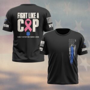 Custom Name & Station Fight Like A Cop Early Detection Saves Lives Breast Cancer Awareness Law Enforcement #DQH0931 - T-shirt