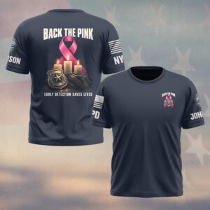 Custom Name & Station Back The Pink Early Detection Saves Lives Three Candles Pink Ribbon Breast Cancer Awareness Law Enforcement #DQH0933 - T-shirt