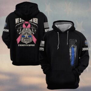 Custom Name & Station We Stand For Her Strength In Support Police Cap Eagle Badge Pink Ribbon Breast Cancer Awareness Law Enforcement #DQH0934 - Hoodie