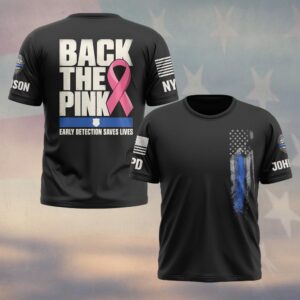 Custom Name & Station Back The Pink Early Detection Saves Lives Bold Stacked Type Breast Cancer Awareness Law Enforcement #DQH0935 - T-shirt