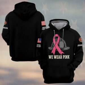 Custom Name & Department We Wear Pink Grey Fire Helmet Behind Pink Ribbon Breast Cancer Awareness Firefighter #DQH0936 - Hoodie