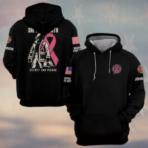 Custom Name & Department She Wears Both Helmet And Ribbon Female Firefighter In Turnout Gear Breast Cancer Awareness #DQH0940 - Hoodie