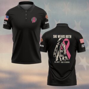 Custom Name & Department She Wears Both Helmet And Ribbon Female Firefighter In Turnout Gear Breast Cancer Awareness #DQH0940 - Polo