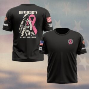 Custom Name & Department She Wears Both Helmet And Ribbon Female Firefighter In Turnout Gear Breast Cancer Awareness #DQH0940 - T-shirt