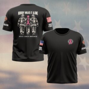 Custom Name & Department Nobody Walks It Alone Two Firefighters Walking Her Home Pink Ribbon Breast Cancer Awareness #DQH0941 - T-shirt