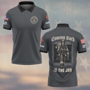Custom Name & Department Coming Back Is The Job Skeleton Firefighter Walking Out Of Station Bay Firefighter #DQH0949 - Polo
